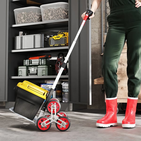 HOMCOM Foldbar trappeklatrer-trolley, 6-hjul, Aluminium/Metal, Sølv+Rød, Max 70 kg.
