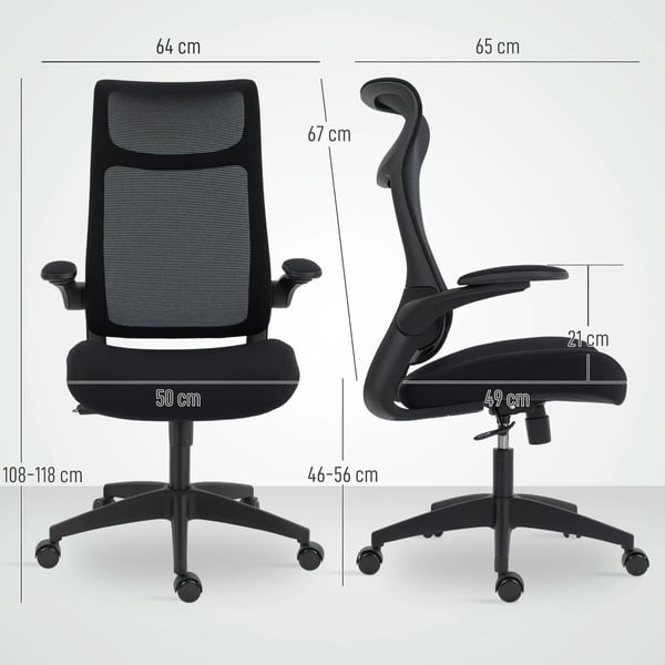 HOMCOM Ergonomisk kontorstol med netryg, 3D-armlæn og nakkestøtte, VIPPEFUNKTION, justerbar højde, sort plast