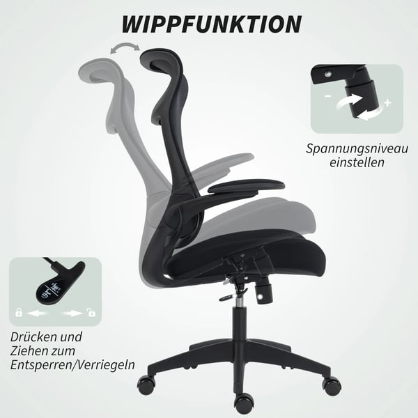 HOMCOM Ergonomisk kontorstol med netryg, 3D-armlæn og nakkestøtte, VIPPEFUNKTION, justerbar højde, sort plast
