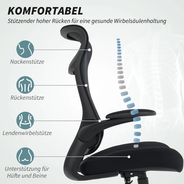HOMCOM Ergonomisk kontorstol med netryg, 3D-armlæn og nakkestøtte, VIPPEFUNKTION, justerbar højde, sort plast