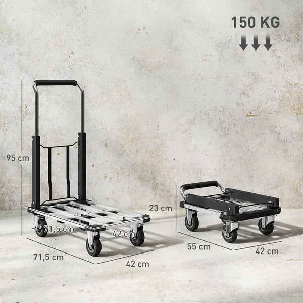 HOMCOM Taitettava Käsikärry, 150kg, Laajennettava, Metalli/Alumiini, Hopea+Musta