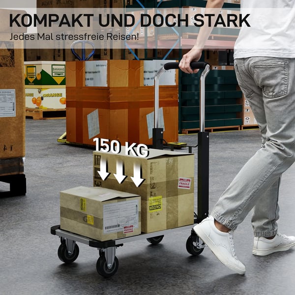 HOMCOM Taitettava Käsikärry, 150kg, Laajennettava, Metalli/Alumiini, Hopea+Musta
