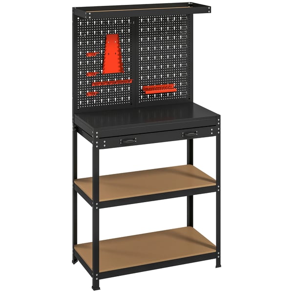 HOMCOM V6Rk3tojsbank 80x40,5x155cm Sort M6th Perforeret Vag, Kroge, Skuffe, 2 Hylder til V6rksted HOMCOM V6Rk3tojsbank 80x40,5x155cm Sort M6th Perforeret Vag, Kroge, Skuffe, 2 Hylder til V6rksted