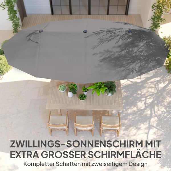 Outsunny dobbelt parasol, havesparasol med håndsving, grå, oval, 460 x 270 x 240 cm