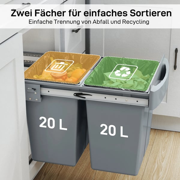 HOMCOM Udtrkkelig skraldespand, 2x20L, Gr, Plast/Metal