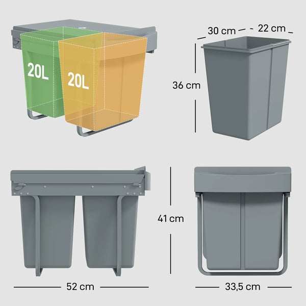 HOMCOM Udtrkkelig skraldespand, 2x20L, Gr, Plast/Metal