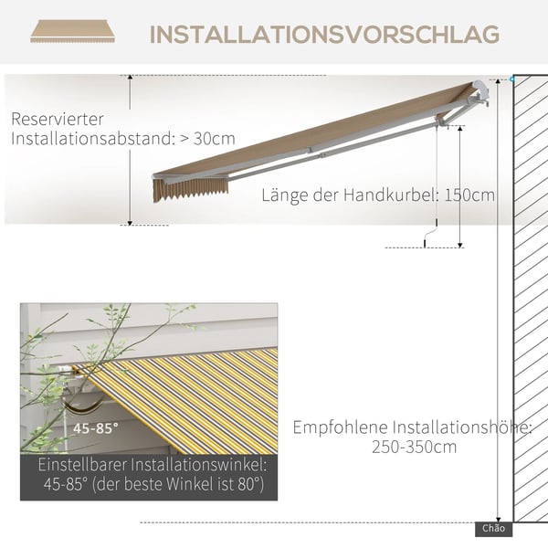 Outsunny markise med leddelt arm, solafskærmning med håndsving, 3,5 x 2,5 m, gul/grå, aluminium/polyester