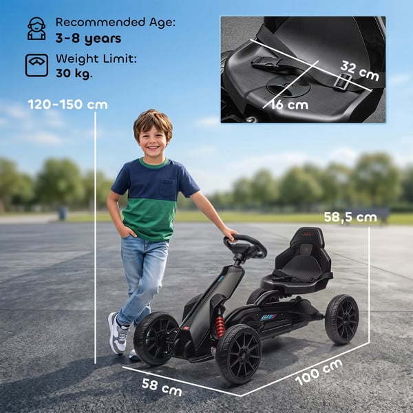 HOMCOM Gokart til børn - Sort, justerbart sæde, håndbremse, frem/bakgear, plastik