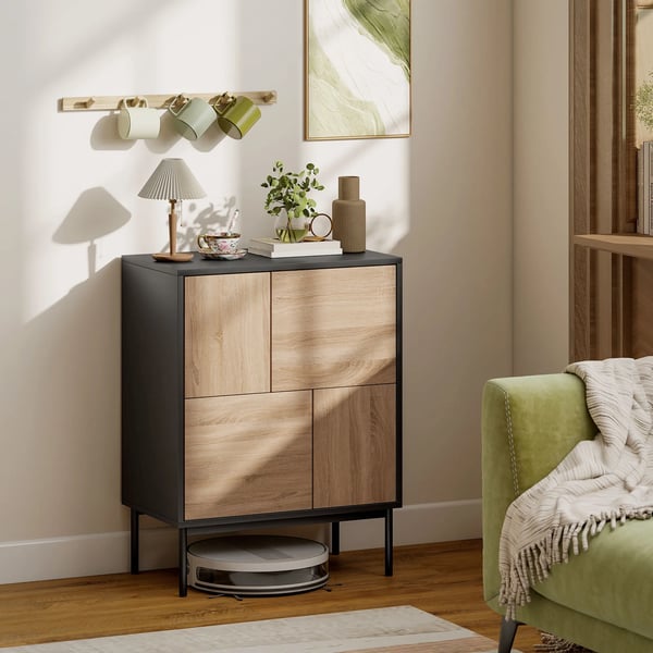 Skænk med Push-to-Open døre i MDF og metal, Sort+Naturtræ 60x35x78 cm