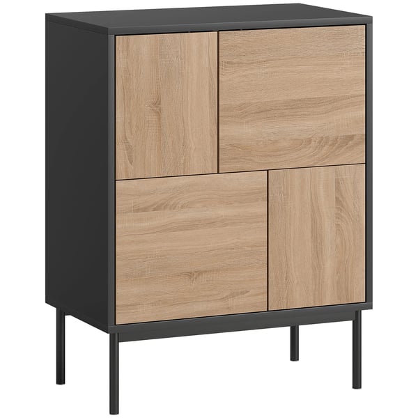 Sideboard i MDF med metallben, 4 fack, push-to-open, svart+naturträ