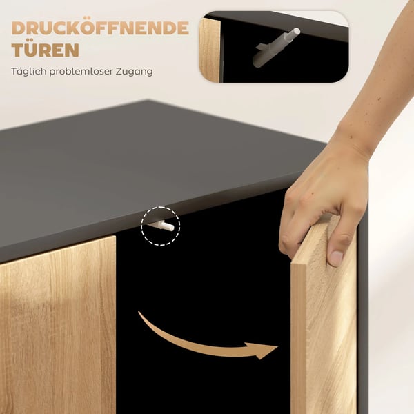 Skænk med Push-to-Open døre i MDF og metal, Sort+Naturtræ 60x35x78 cm