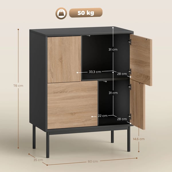 Skænk med Push-to-Open døre i MDF og metal, Sort+Naturtræ 60x35x78 cm