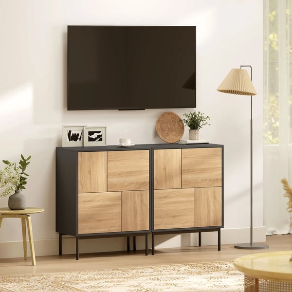 Skænk med Push-to-Open døre i MDF og metal, Sort+Naturtræ 60x35x78 cm