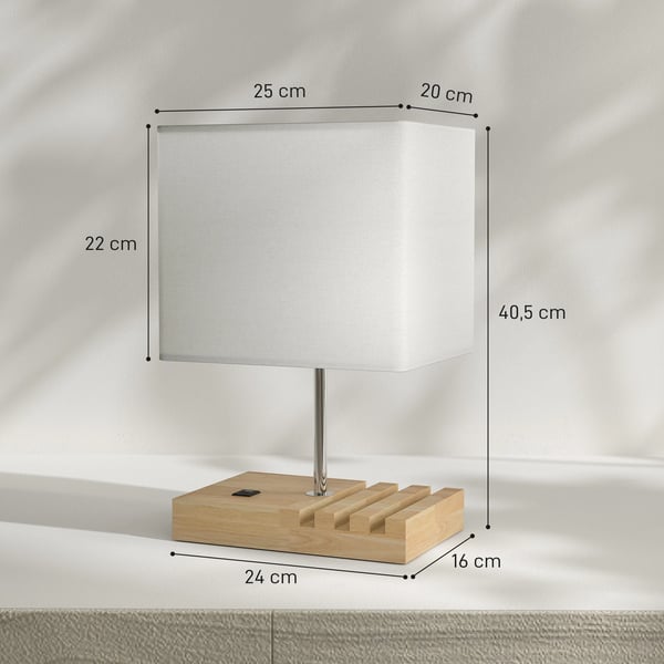 Natbordlampe i træ med USB i hvid