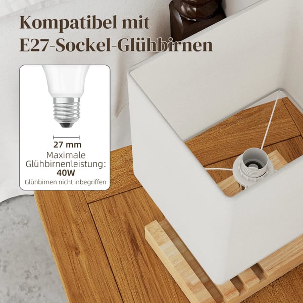 Natbordlampe i træ med USB i hvid