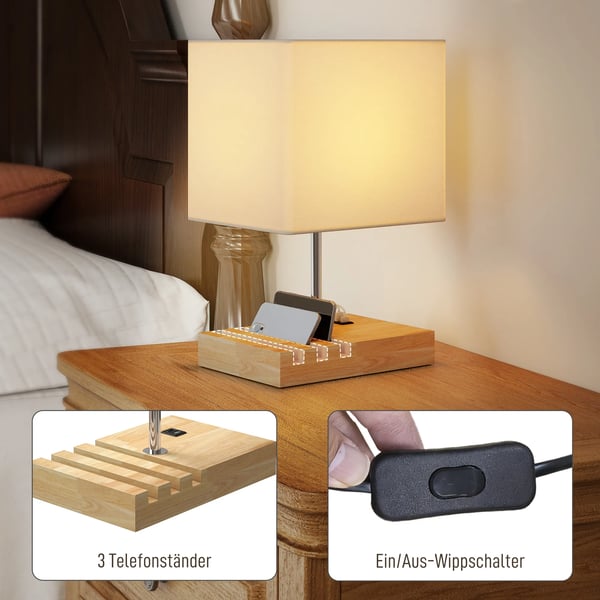 Natbordlampe i træ med USB i hvid