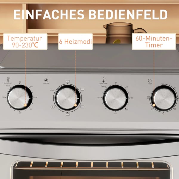 Kompakt Varmluftsovn med Airfryer Funktion, 24L, 1600W, Rustfrit Stål, Sølv