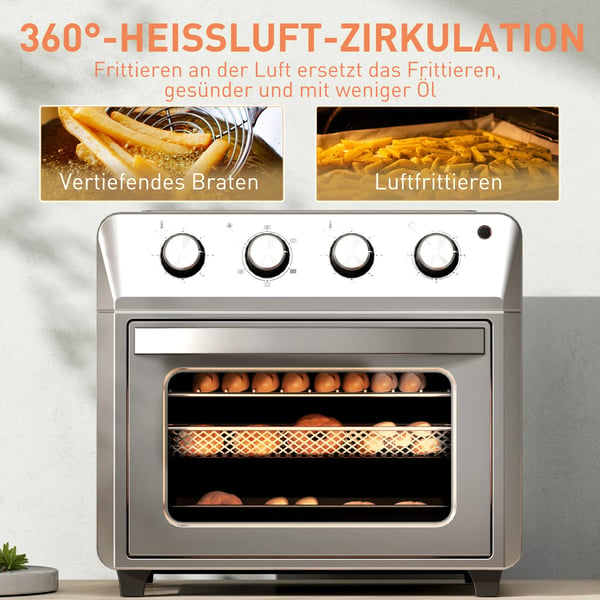 Kompakt Varmluftsovn med Airfryer Funktion, 24L, 1600W, Rustfrit Stål, Sølv