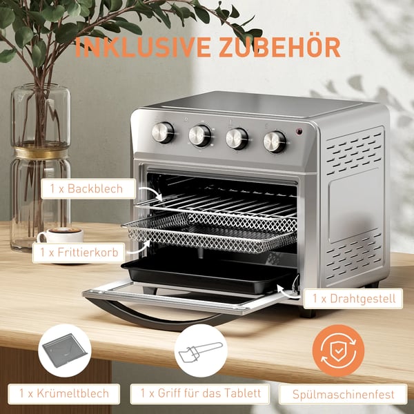 Kompakt Varmluftsovn med Airfryer Funktion, 24L, 1600W, Rustfrit Stål, Sølv