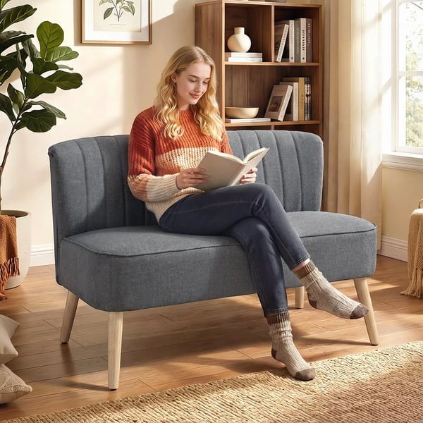 2-personers sofa, 117 cm, grå polyester med linnedlook, solid træramme