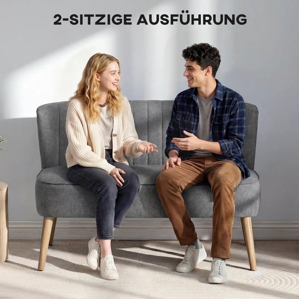 2-personers sofa, 117 cm, grå polyester med linnedlook, solid træramme