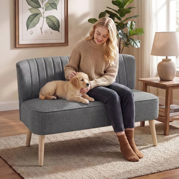 2-personers sofa, 117 cm, grå polyester med linnedlook, solid træramme