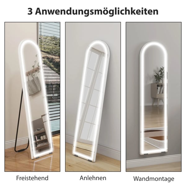 Helkropsspejl med LED, 150x40cm, buet, dæmpbar, 3 lysfarver, fritstående/vægmontering, Hvidt Hartglas