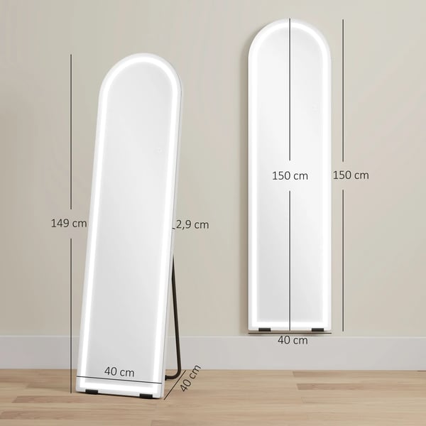 Helkropsspejl med LED, 150x40cm, buet, dæmpbar, 3 lysfarver, fritstående/vægmontering, Hvidt Hartglas