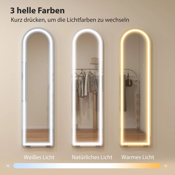 Helkropsspejl med LED, 150x40cm, buet, dæmpbar, 3 lysfarver, fritstående/vægmontering, Hvidt Hartglas
