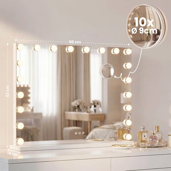 Norlina Makeupspejl med Bluetooth, 10x forstørrelse, 3 lystilstande, dæmpbare LED'er, USB-porte og smart hukommelse - Hvidt metal