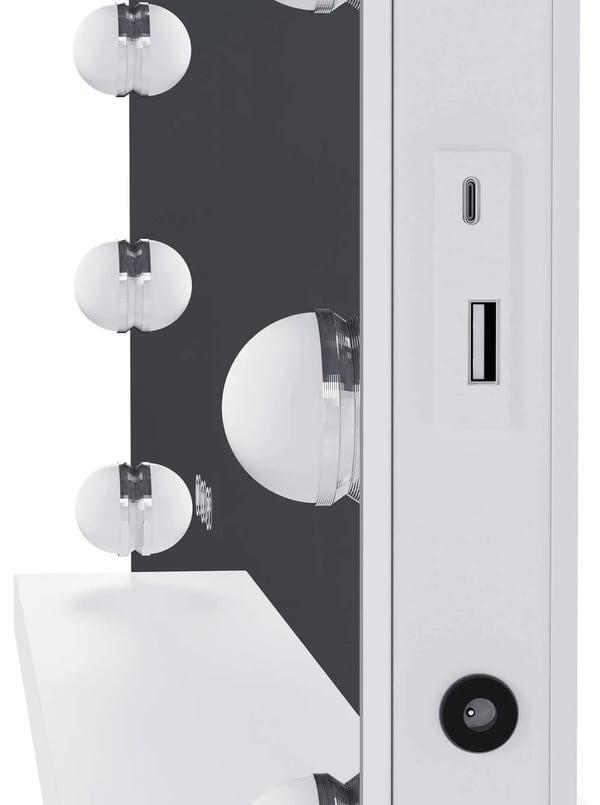Norlina Makeupspejl med Bluetooth, 10x forstørrelse, 3 lystilstande, dæmpbare LED'er, USB-porte og smart hukommelse - Hvidt metal