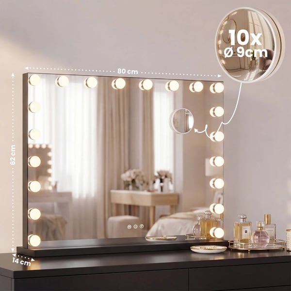 Norlina Meikkipeili 10x Suurennus, 20 LED-valoa, 3 Valotilaa, Himmennettävä, Bluetooth, USB-portit, Kosketusohjaus, Musta Metalli