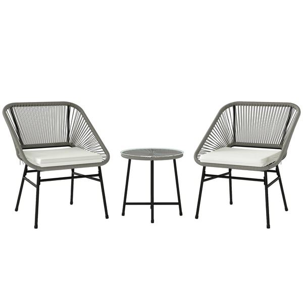 Outsunny Loungeset 2 stolar och sidobord i m&ouml;rkgr&aring; PE-rotting, 3-delat utem&ouml;bel