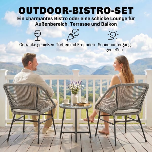 Outsunny 3-delt loungesæt til altan, PE-rattan, mørkegrå, 2 stole og sidebord