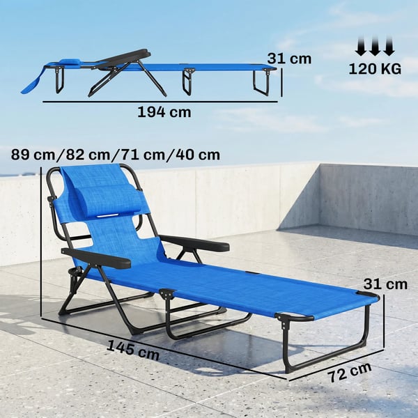 Outsunny Foldbar Liggestol – Mørkeblå Polyester, 4-trins Justerbar Ryglæn, Læsehul, Vandafvisende, Max 120 kg