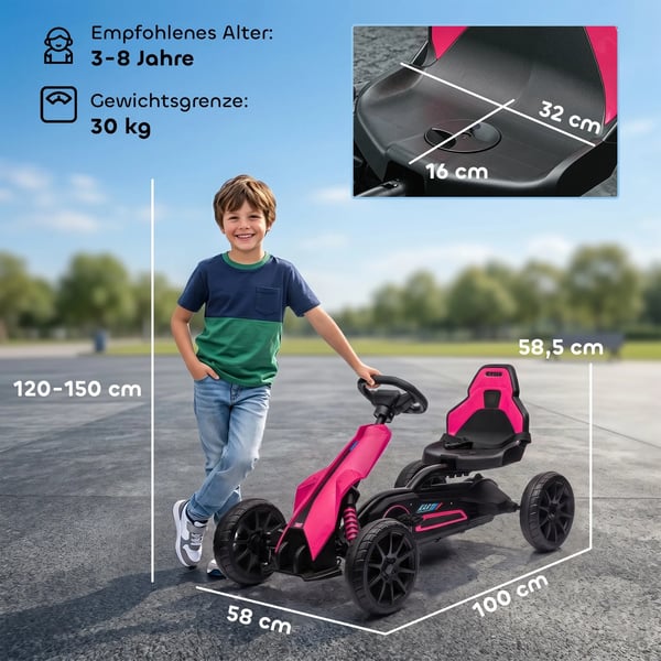 HOMCOM Gokart Pedalbil til Børn - Lyserød, Plastik, m. Bremse & Justerbar Sæde - 3-8 År