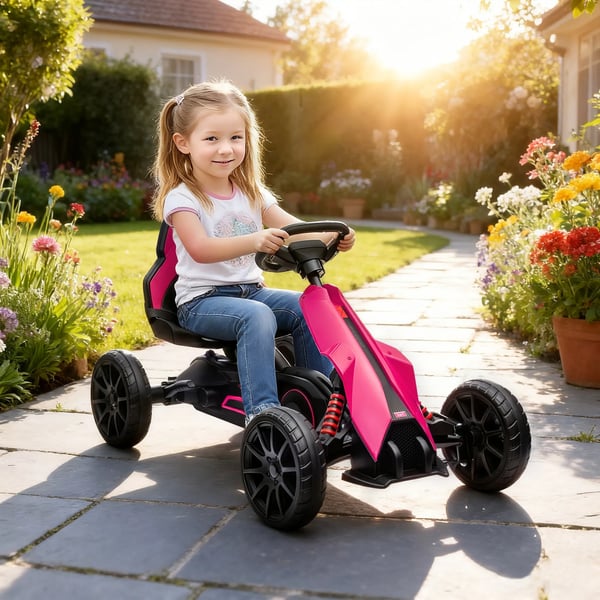 HOMCOM Gokart Pedalbil til Børn - Lyserød, Plastik, m. Bremse & Justerbar Sæde - 3-8 År