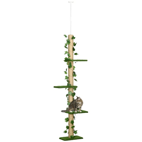 Loftsmonteret Kradsetræ til Katte, Højdejusterbar 202-242 cm, med Legetøj og Kradsestolper, Grøn/Gul