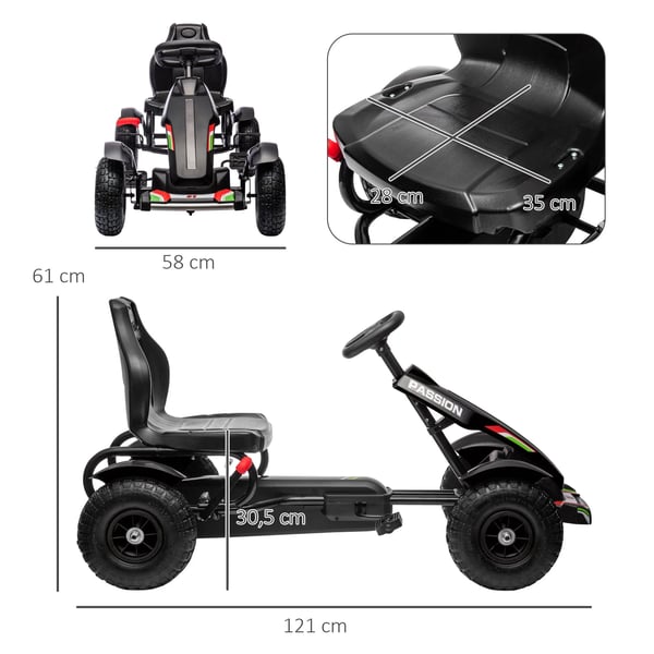 HOMCOM GoKart, polkuauto, poljettava auto käsijarrulla, lasten ajoneuvo säädettävällä istuimella, poljin, polkuauto 5-12-vuotiaille lapsille, ulkokäyttöön, musta