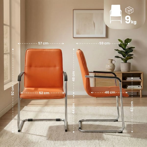 Sæt med 2 orange gæstestole i kunstlæder med krom-look metal udkraget base