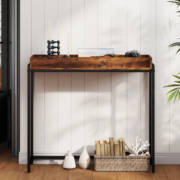 Smalt konsolbord i rustik brun spånplade og metal - 100x30x91 cm