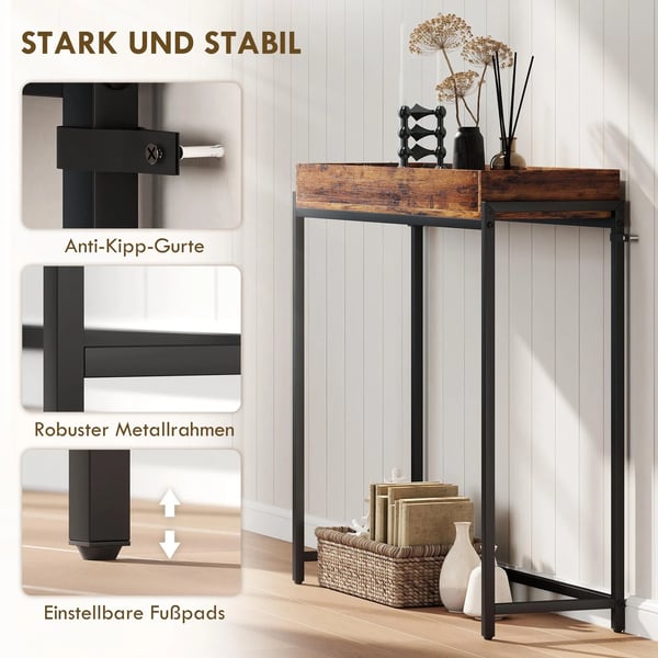 Smalt konsolbord i rustik brun spånplade og metal - 100x30x91 cm