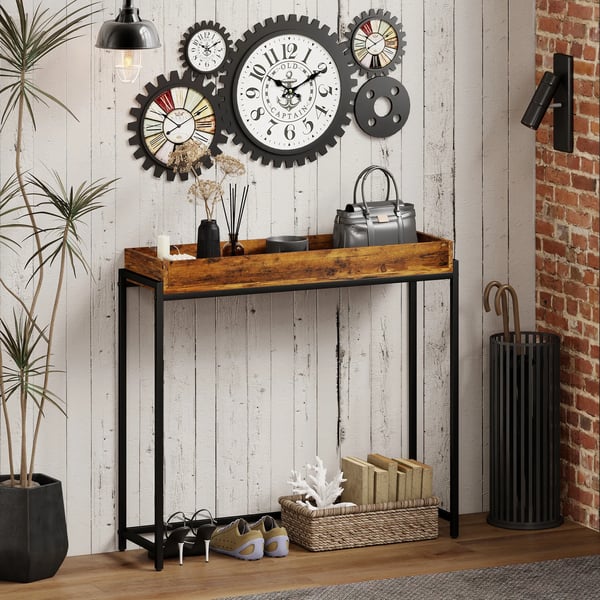 Smalt konsolbord i rustik brun spånplade og metal - 100x30x91 cm