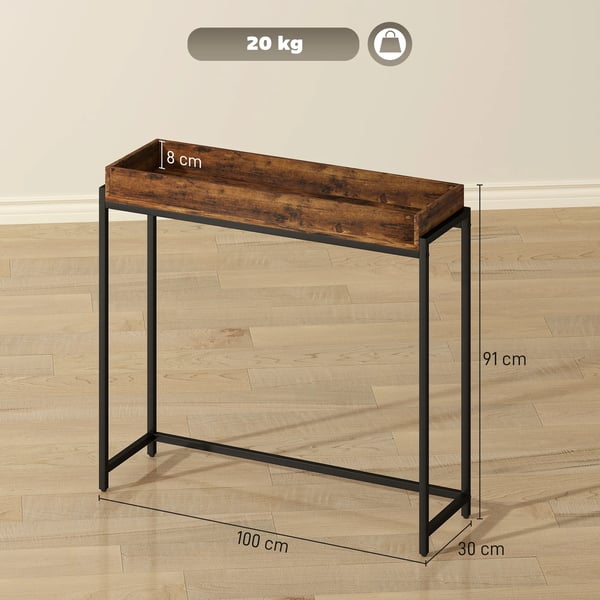 Smalt konsolbord i rustik brun spånplade og metal - 100x30x91 cm