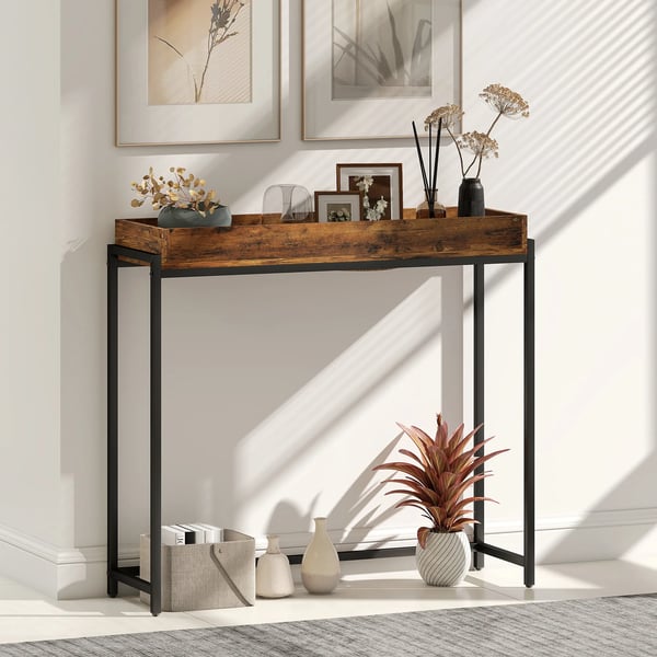 Smalt konsolbord i rustik brun spånplade og metal - 100x30x91 cm