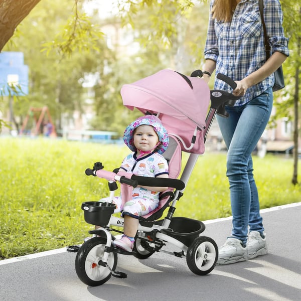 HOMCOM 2-i-1 Trehjulet Cykel med Skubbe- og Solskærm, Foldbar, Drikkeholder, Kurv - Lyserød (1-5 år)