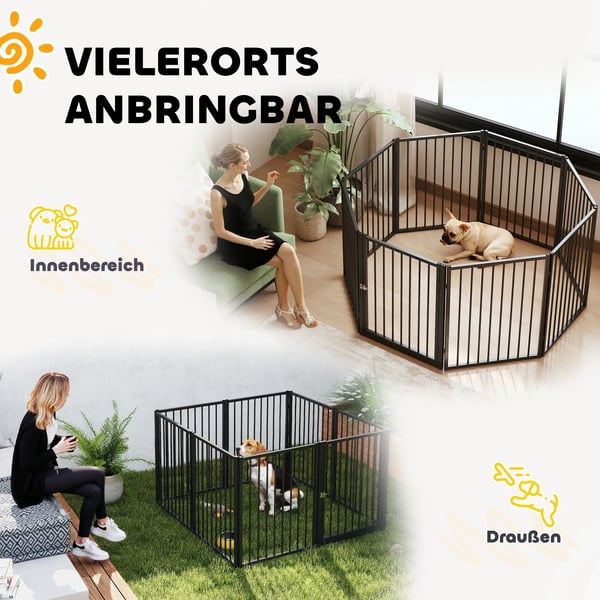 PawHut Løbegård til hunde, 8 paneler, stål, sort, 76 cm højde