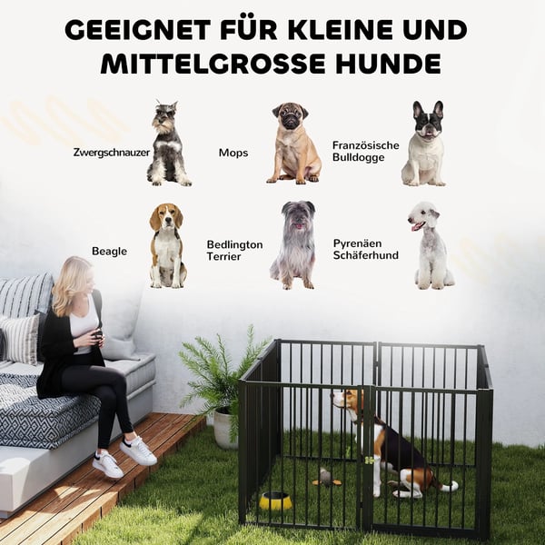 PawHut Løbegård til hunde, 8 paneler, stål, sort, 76 cm højde