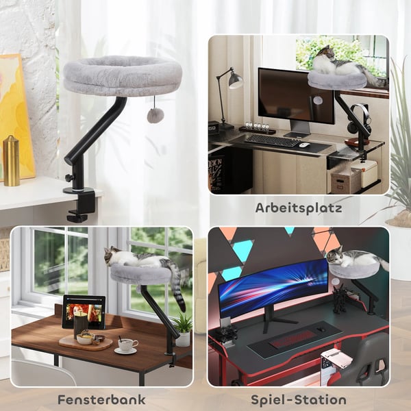 PawHut Katteseng til Skrivebord, Grå, Polyester, 360° Rotation, Justerbar Højde, Vaskbart Pude, op til 6 kg