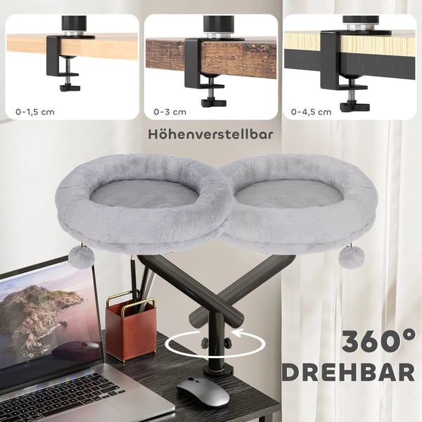 PawHut Katteseng til Skrivebord, Grå, Polyester, 360° Rotation, Justerbar Højde, Vaskbart Pude, op til 6 kg